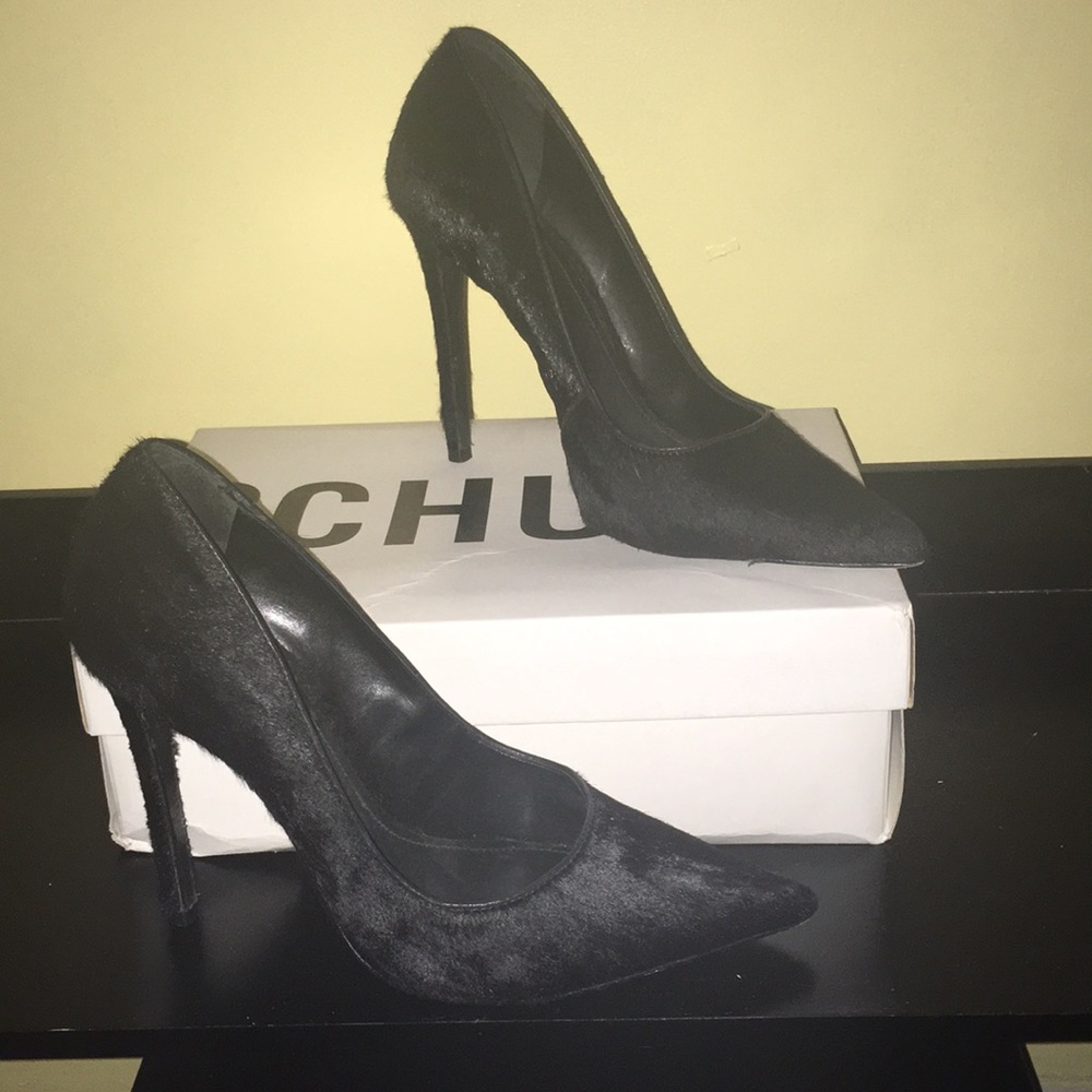 Black Pointed-Toe High Heel Calf Hair Pumps - Women